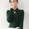 Women's Retro Qipao Collar Knitted Sweater with Frog Button Design, Slim Fit