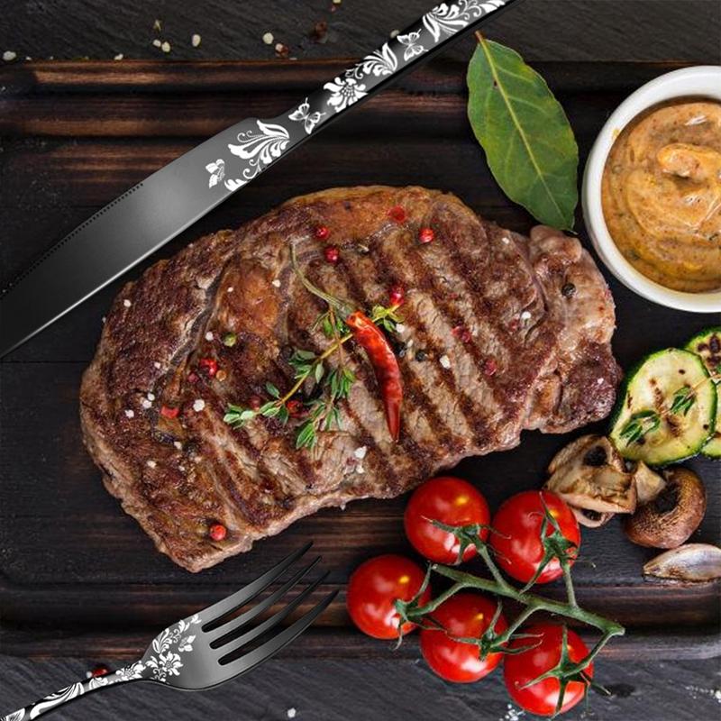 40Pcs Laser Christmas Pattern Flatware Set Stainless Steel Dinnerware Cutlery Set Black Knife Fork Kitchen Tableware Set New