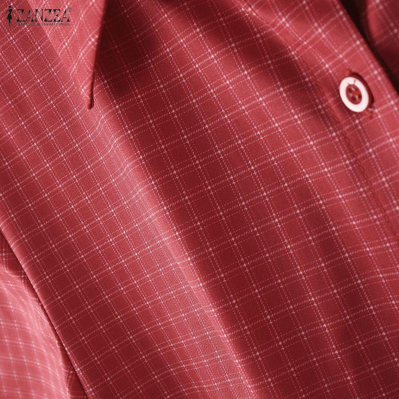 ZANZEA Women Casual Turn Down Collar Short Sleeve Grid Print Blouse