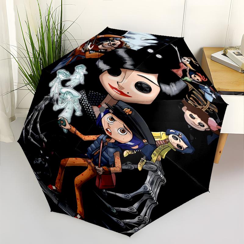 Coraline Print Automatic Umbrella, 8 Rib Iron Frame, Plastic Handle, Suitable for Outdoor Travel &Daily , Ideal Gift
