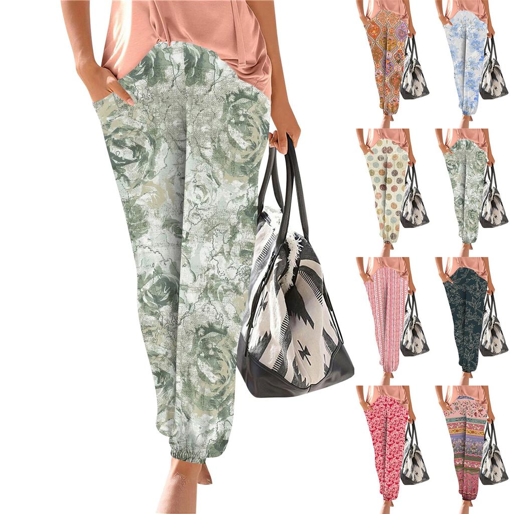 Damskie letnie spodnie z elastycznym pasem i luźnymi spodniami z szerokimi nogawkami