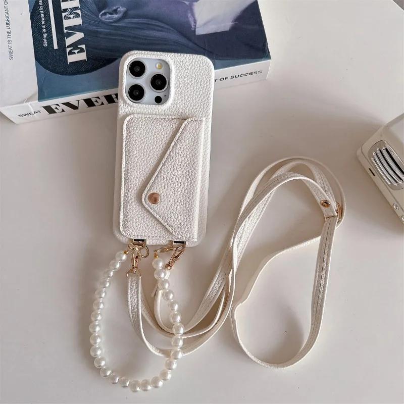 Leather Crossbody Wrist Strap Phone Case for IPhone 13 12 Mini 15 14 Plus 11 Pro Max Wallet with Card Holder Protective Cover