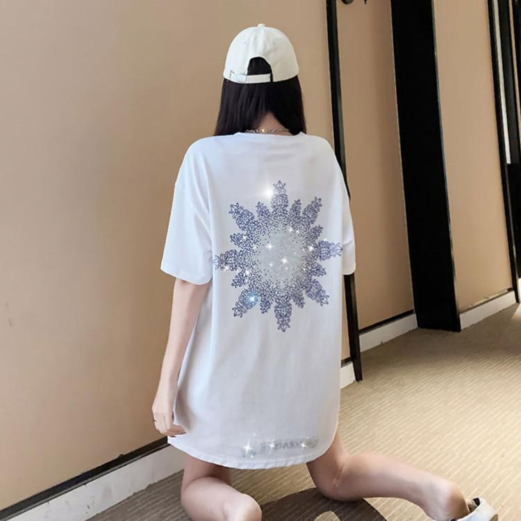 New Summer Style Gradient Snowflake Ironing Diamond Short-sleeved Round Neck T-shirt Women's Mid-length Loose Top