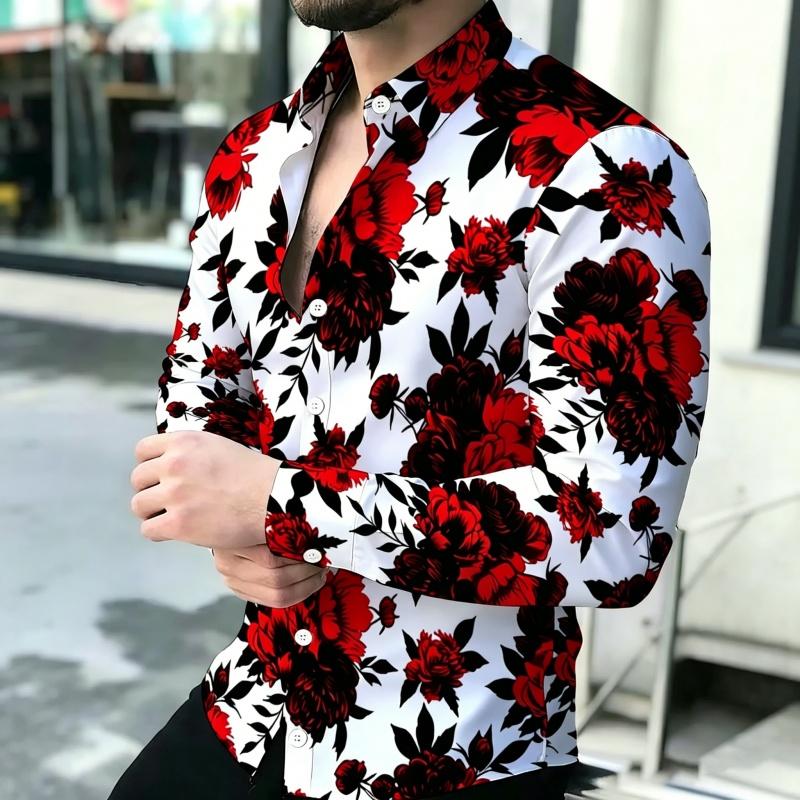 Men's Shirt Personalized Printed Long Sleeve Shirt Black Brown Contrasting Design Sense Shirt Street Trendy Men's Wear