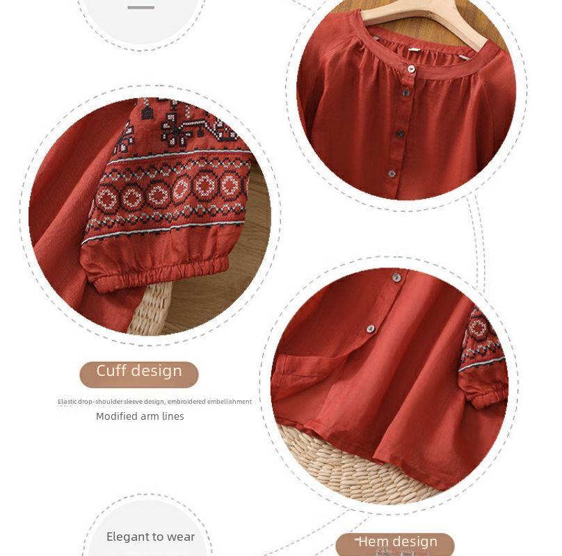 41 Retro Embroidered Lantern Sleeve Top - Women's Cotton & Linen Summer Shirt