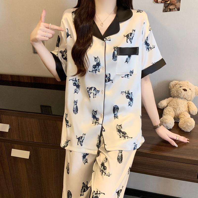 Summer Ice Silk Pajamas Women'S Short-Sleeved Trousers Printed Cats Can Wear Loungewear Outside
