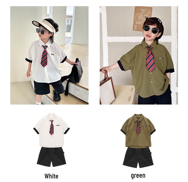 Kids' Korean Style Short-Sleeve Tie Shirt - 2026 Summer Trendy Performance Wear for Boys