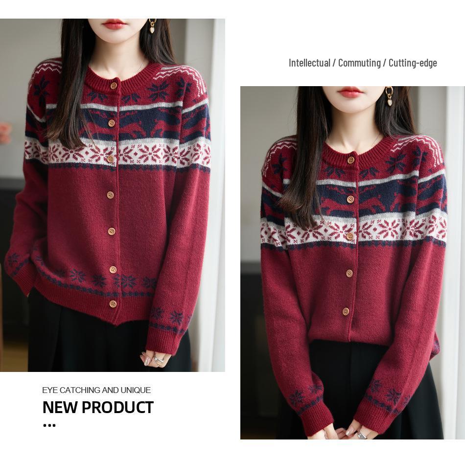 Dámský pletený kardigan Fair Isle - Volný svetr s dlouhým rukávem pro podzim/zimu 2025