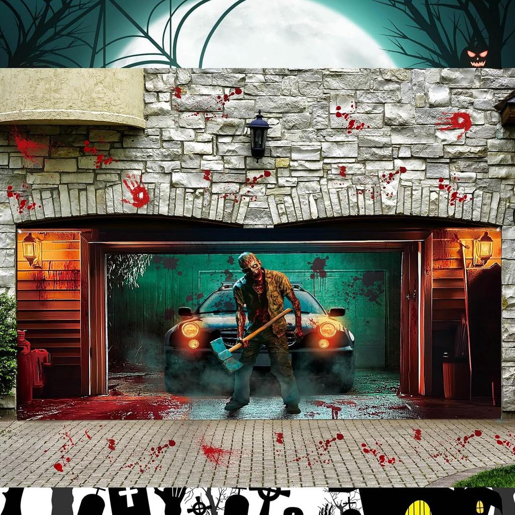 Spooky Zombie Garage Door Backdrop Blood Splatter Horror Scene Banner Outdoor Halloween Decor Haunted House Patio Wall Cover