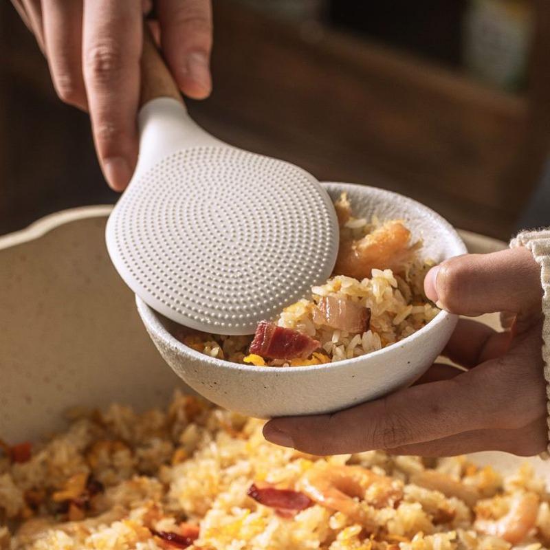 High Temperature Resistance Silicone Rice Scoop Anti-scald Wood Handle Spoons Kitchen Tools Non-stick  Easy To Clean Spoon