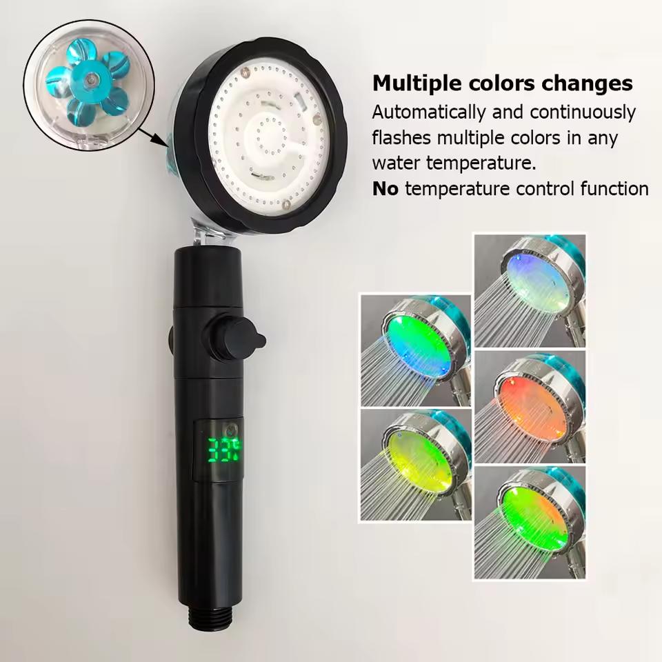 LED Digital Temperature Display Shower Head High Pressure Colors Changes Propeller Showerhead with Adjustable Stop Button Shower