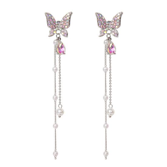 1 Pair Rhinestone Butterflies Stud Earrings With Long Faux Pearl Tassels Waterdrop Charm Elegant