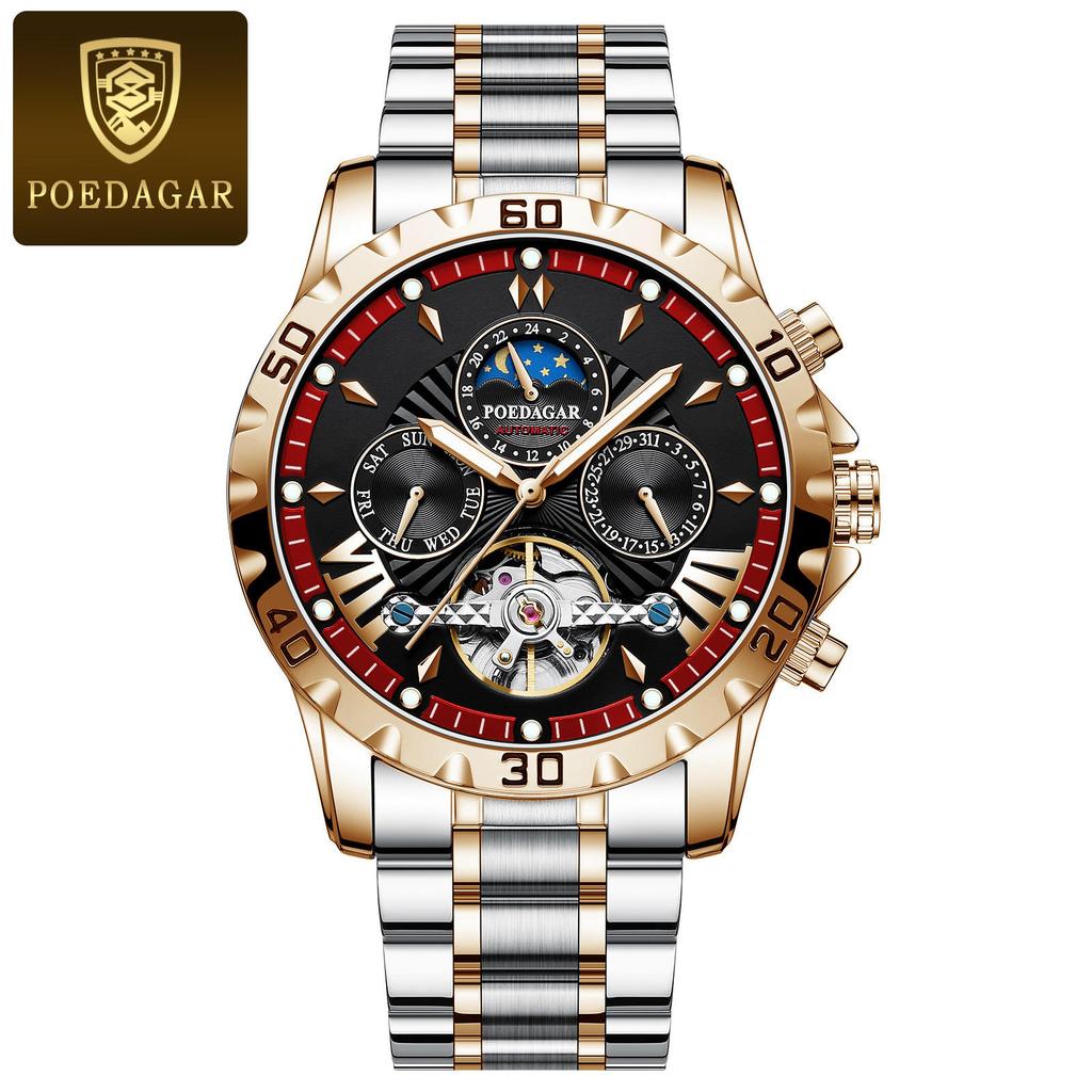 Für POEDAGAR 1410 Luxus Herren Automatik Mechanische Uhr Edelstahl Leuchtend Wasserdicht 22mm Armbandbreite Analoganzeige