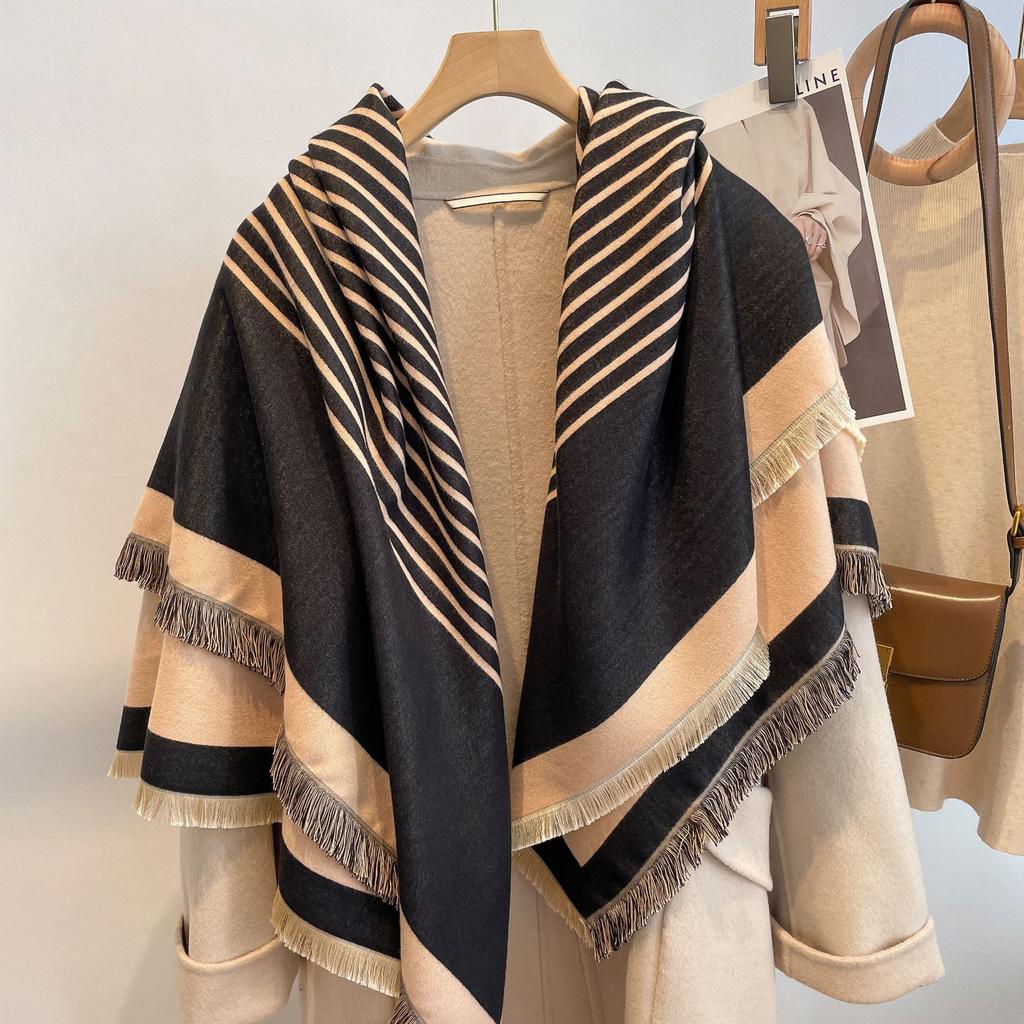 Double-Sided Imitation Cashmere Warm Striped Scarf Women'S Thickened Scarf Air Conditioner Shawl Outside