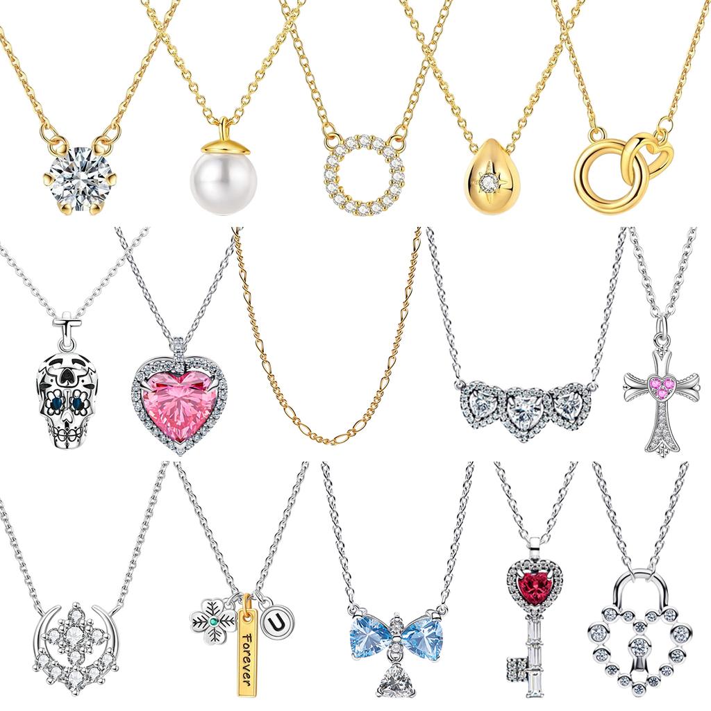 925 Silver Diamond Pendant Necklace Shiny Key Gem Heart Shaped Pearl Cross Lucky Chain for Women Fine Jewelry Gifts