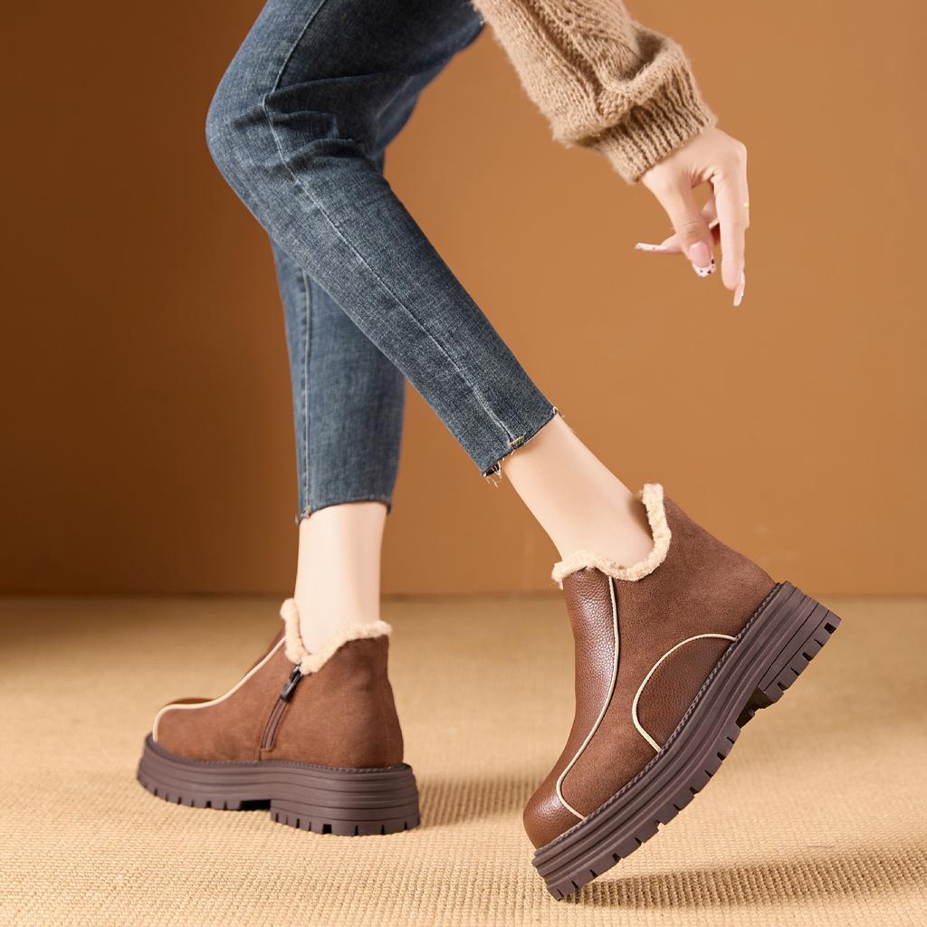 Women's Winter Chunky Platform Snow Boots Non-Slip Ankle Booties With Fur Lining Fuzzy Leather Walking Shoes Warm Comfortable Short Boots for Women