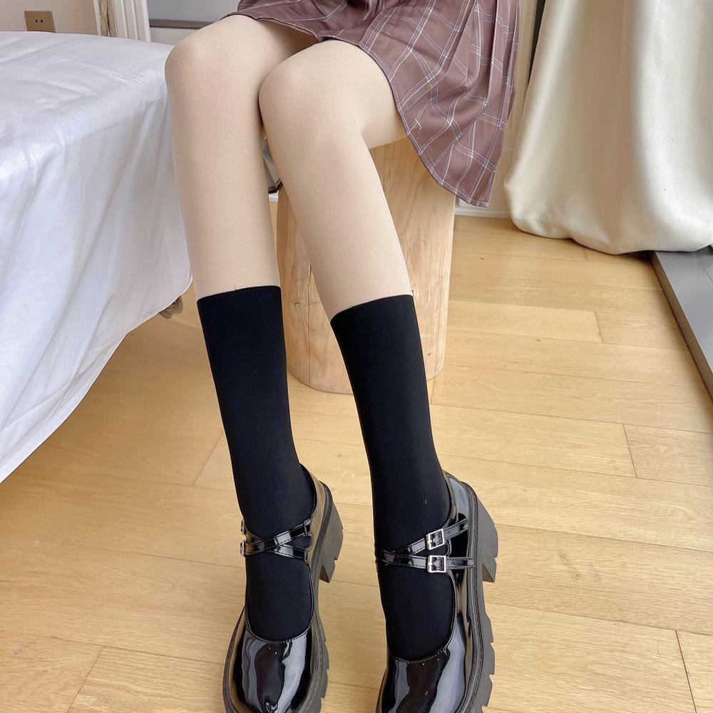 Spliced Black Nylon Stockings Women's Pantyhose JK Cute Japanese Style Instagram Trendy Autumn/Winter Fleece-Lined Socks