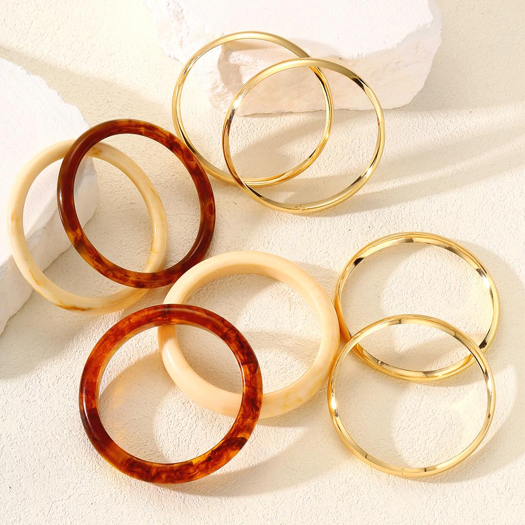 8 Pcs Vintage Gold Color Resin Bangle Set For Women Fashion Chunky Stackable Acrylic Cuff Bracelet Boho Party Daily Wear Jewelry