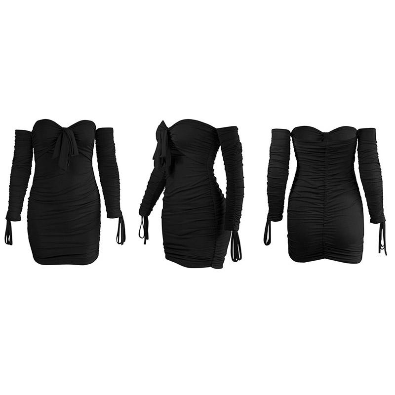 Frau Schlank Atmungsaktive Hüfte Rock Mode Nähen Einfarbig Verband Langarm Falten Kleid