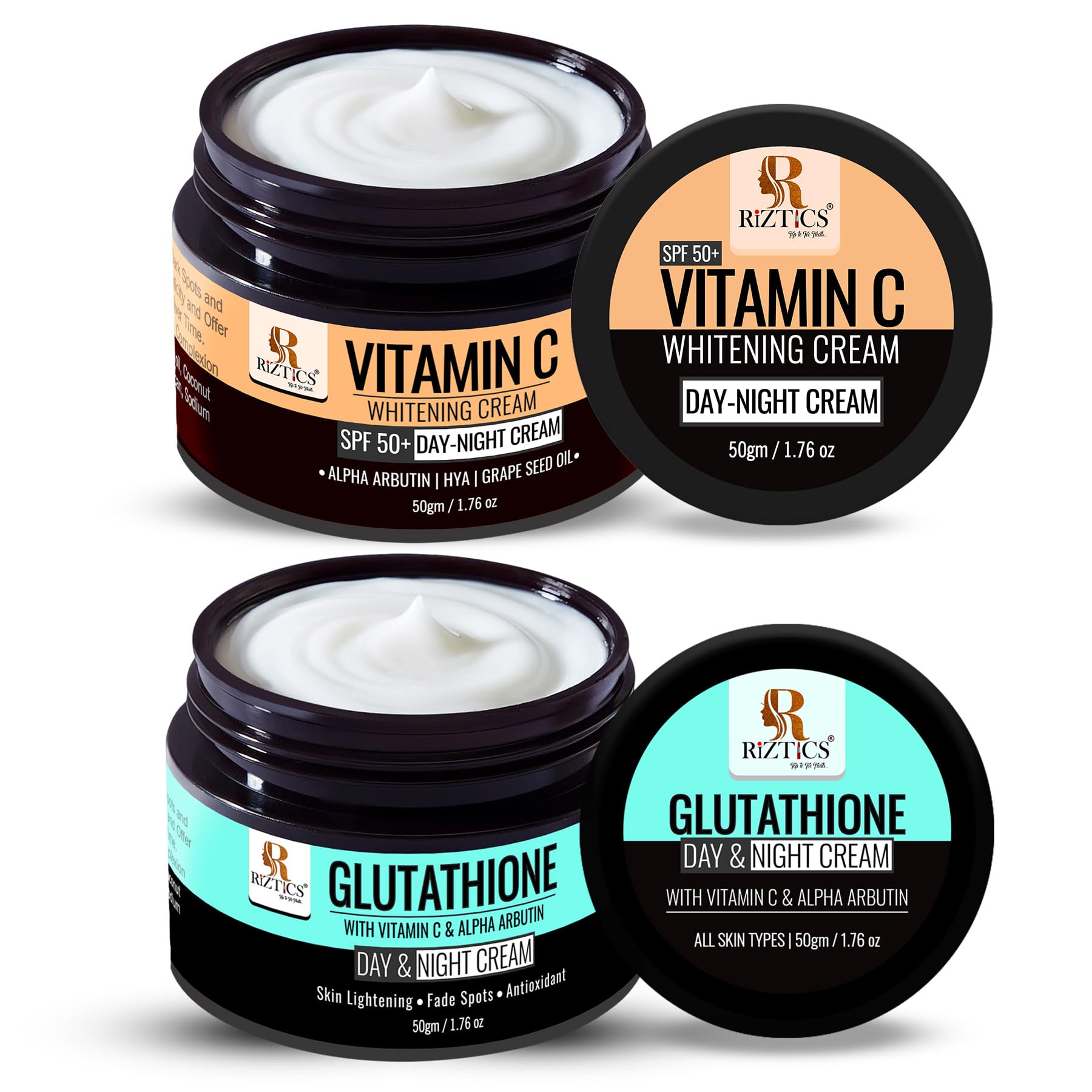 L-Glutathione Cream for Skin Whitening with Vitamin C & Arbutin Fade Dark Spots and Anti Ageing 50gm & Vitamin C Cream with SPF 50+ Boost Collegen