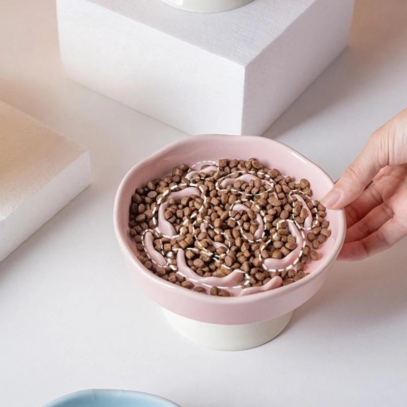 Flower-Shape Ceramic Slow Food Bowl, Neck Protection Bowl Not Easy To Knock Over Anti Choking Dog Bowl Pet Supplies