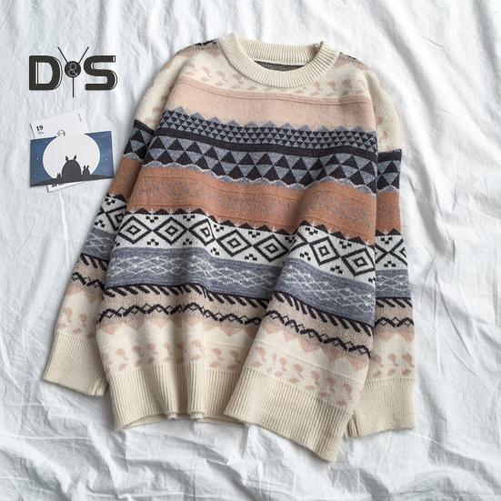 Women Autumn Winter Loose Fit Sweater O Neck Long Sleeve Pullover Tops Striped Print Knitting Jumpers Casual Knitwear