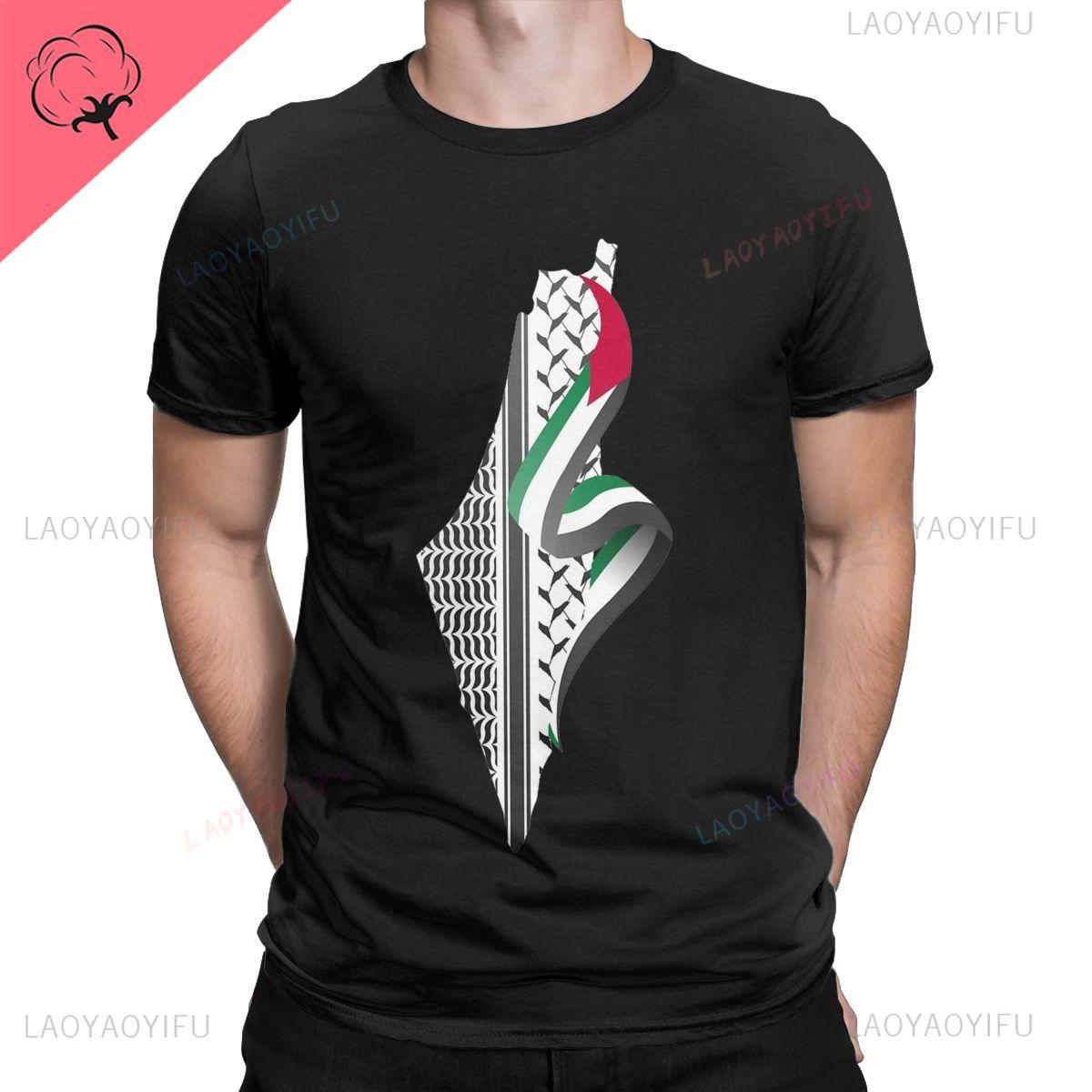 

Vintage Palestinian Keffiyeh Palestine Map T-Shirt for Men Crewneck 100% Cotton Print T Shirts Short Sleeve Tees Men Print Tops S