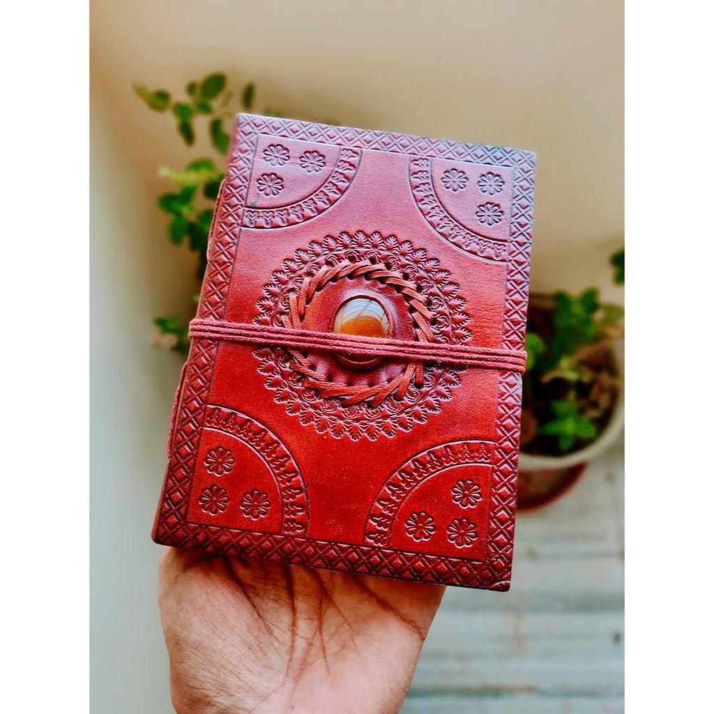 Semi Precious Stone Embossed Leather Bound Notebook, Stoned Leather Journal, Unlined Leather Notebook Handmade Diary Medium Size 5 by 7