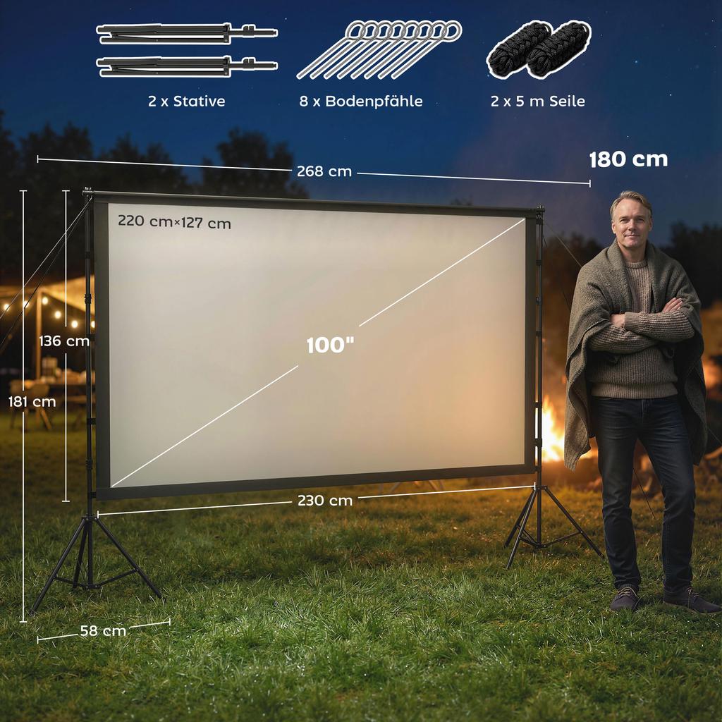 100-inch 16:9 HD 4K/8K projector screen with stand, portable double-sided screen with foldable tripods, white