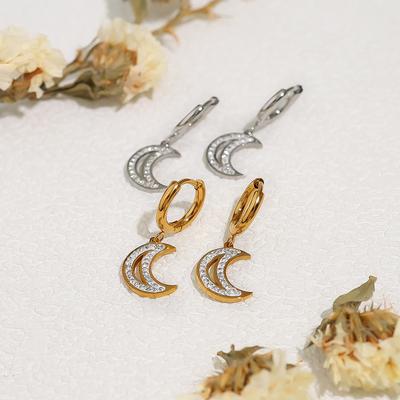 Glatte eingelegte Zirkon Mond Titanstahl Ohrstecker, Nische Leichter Luxus High-End Edelstahl Ohrringe für Frauen
