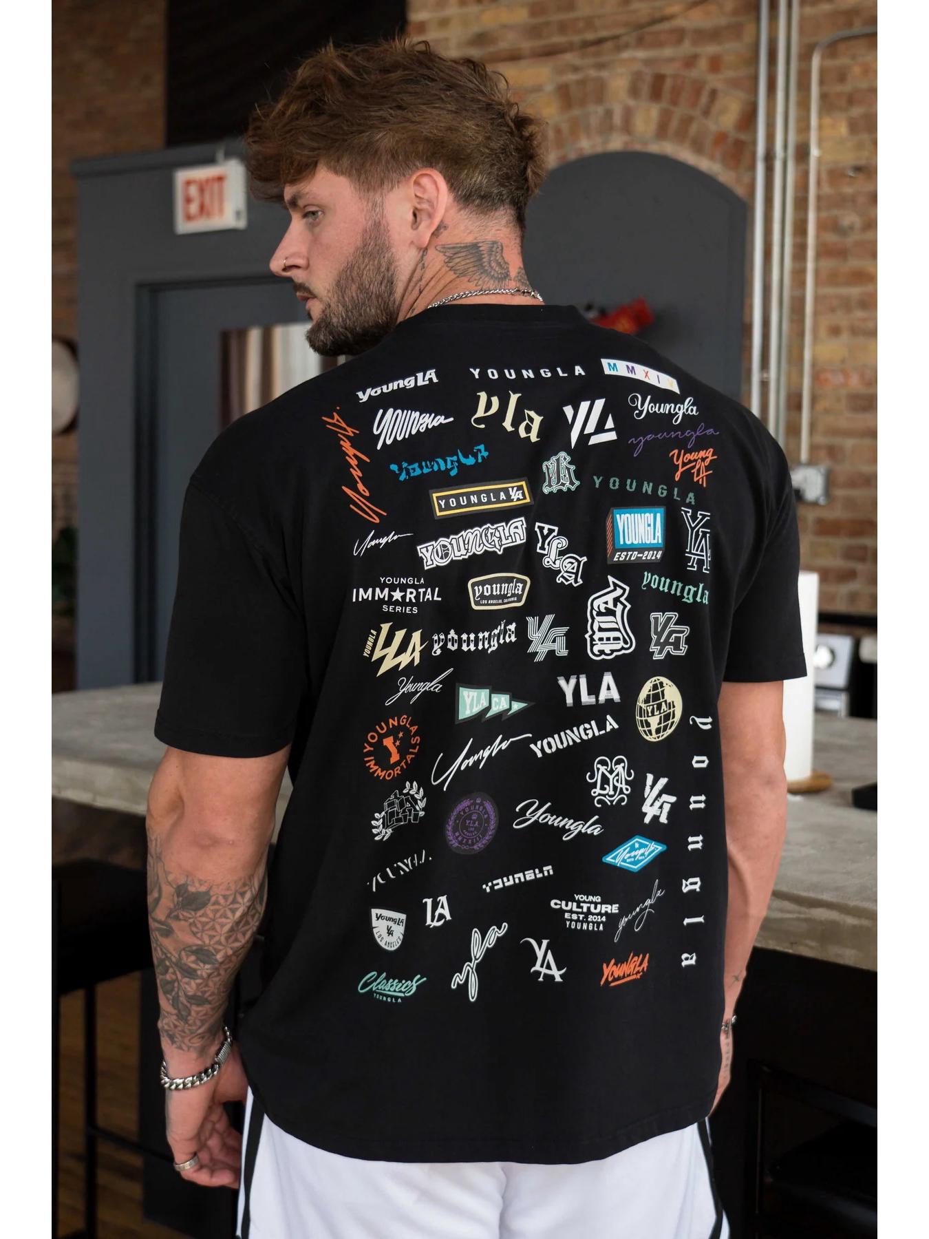 VantaGoods YOUNG LA Heren Loose Fit Katoenen T-shirt - Zomer Volledige Achterkant Print, Korte Mouwen, Ronde Hals, Casual Fitness Sport Top S zwart