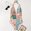 Swimsuit for Women Neck Deep V Neckline Patchwork Floral Printed Bathing Suit with Adjustable Back Tie