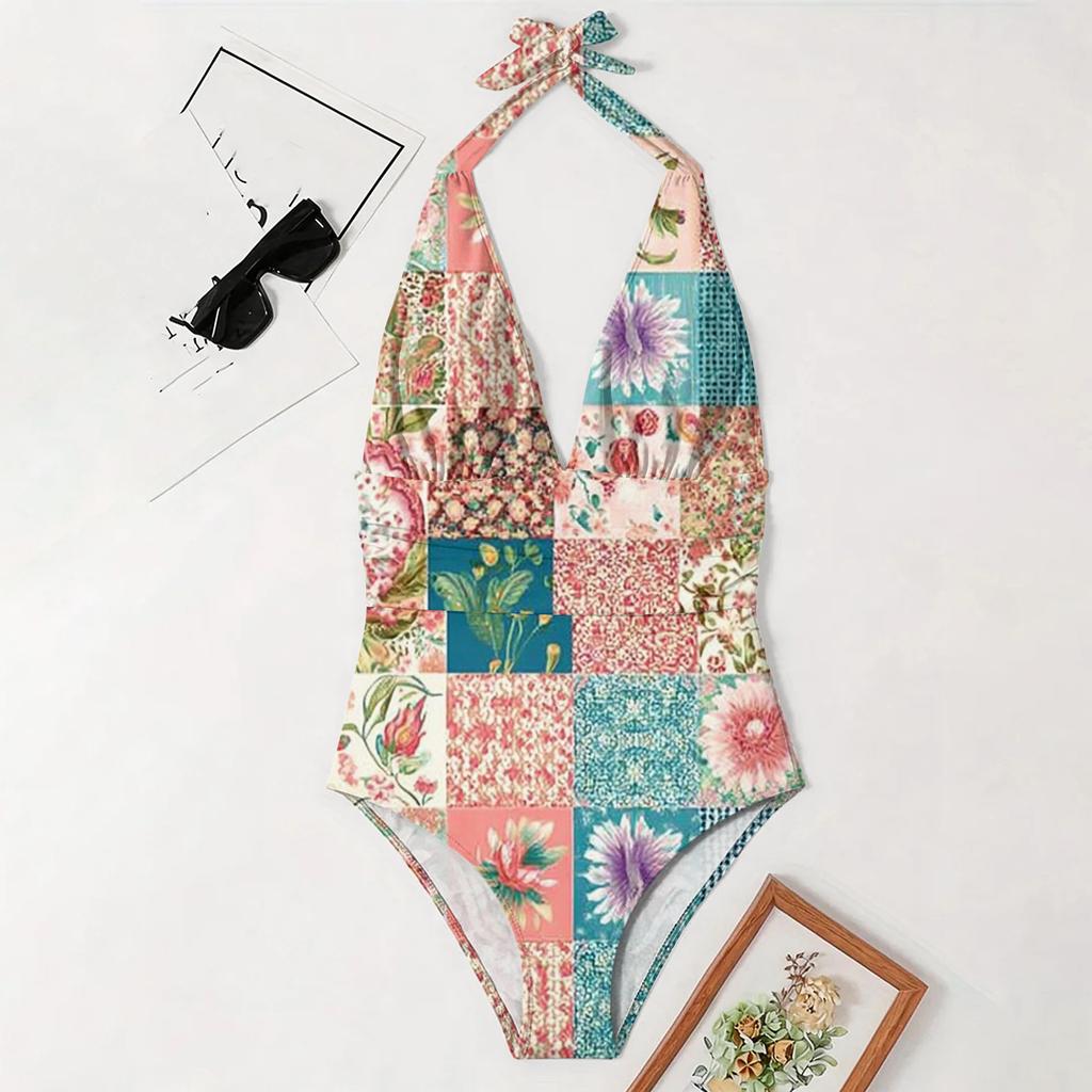 Swimsuit for Women Neck Deep V Neckline Patchwork Floral Printed Bathing Suit with Adjustable Back Tie