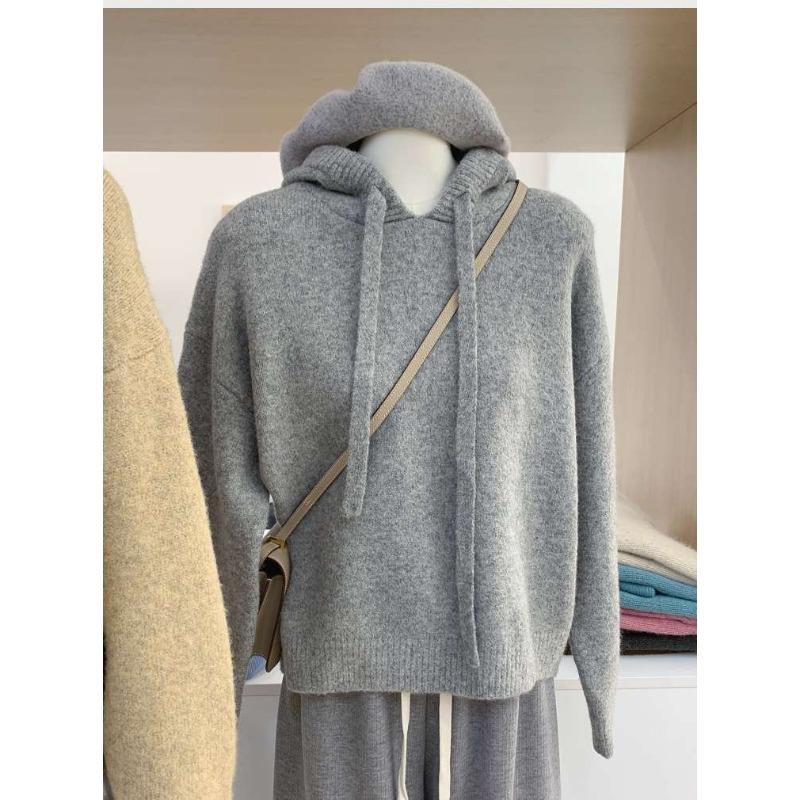 

Однотонный пуловер с капюшоном, осенне-зимний, ретро, тонкий, свободный, ленивый стиль, вязаный свитер XL серый