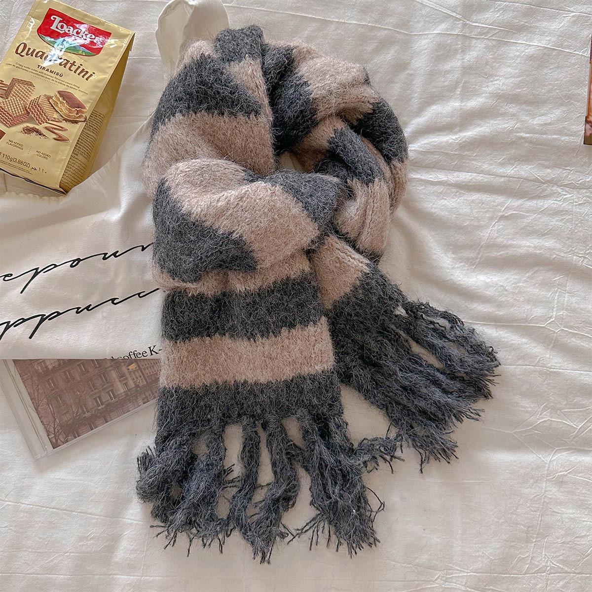 

Ins Color Blocked Вязаный шарф, согревающий, защищающий шею, студенческий, устойчивый к холоду шарф для женщин, осень и зима 25x190CM