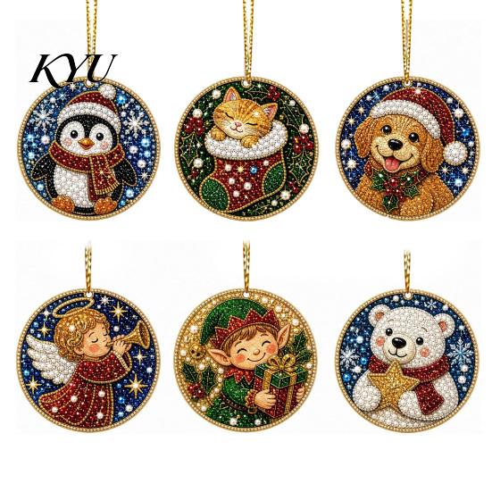 Acrylic Santa Hanging Ornaments 6 Pcs Christmas Pearl Art Ornaments, 2D Flat Holiday Tree Pendant, Decorations Effect Decoration for Home Wall
