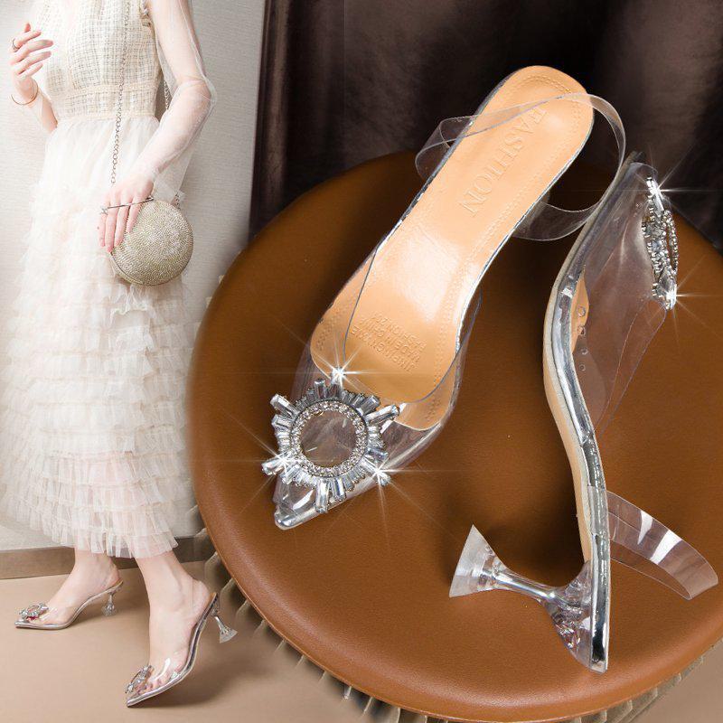 2023 Spring/Summer Sunflower Heeled Sandals: Pointed Toe, Strappy, Transparent Crystal, Thick Wine Glass Heel