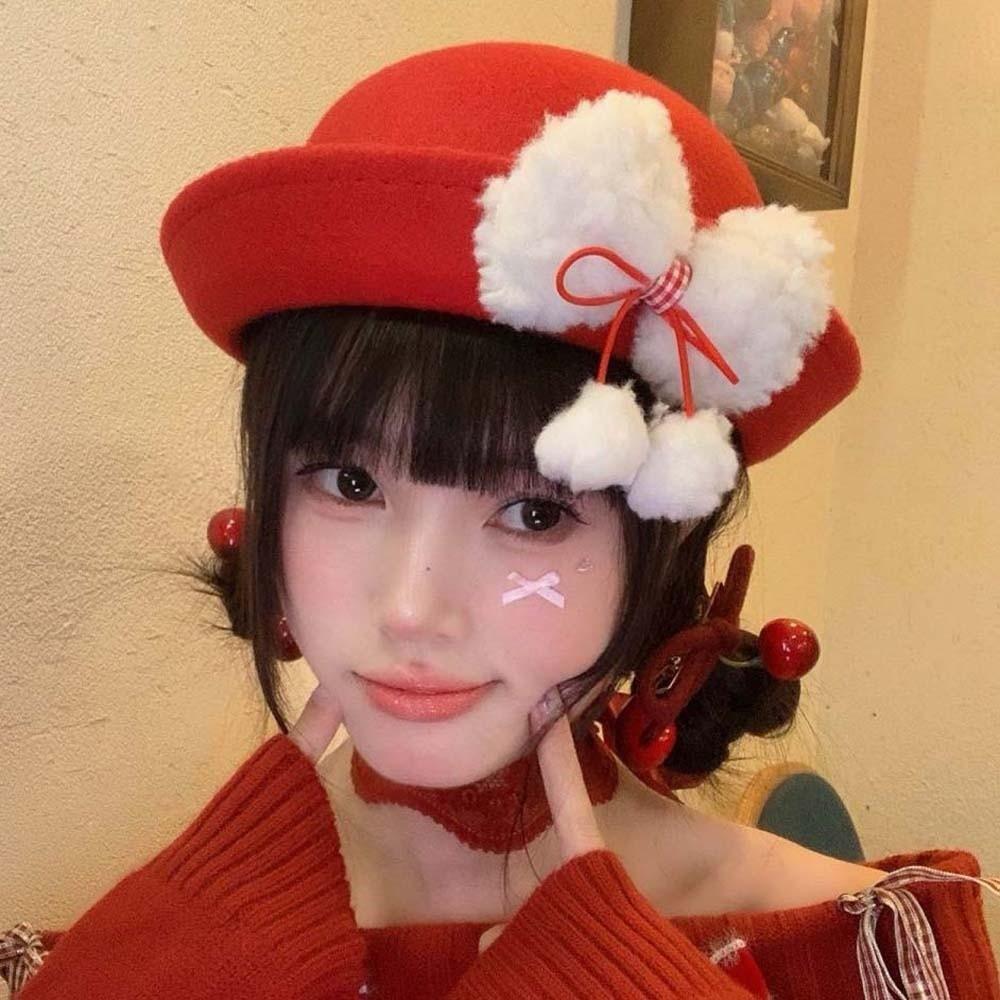 Vintage Looking Red Bowler Hats Japanese Style Girls Dome Hat Basin Hat Woolen Bucket Cap  Winter