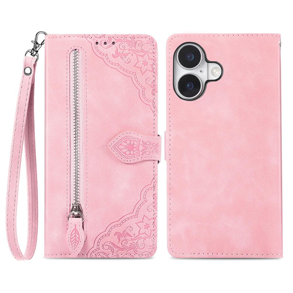 

For iPhone 16 Zipper Wallet Case with Strap Flower Imprint PU Leather Phone Cover Pink