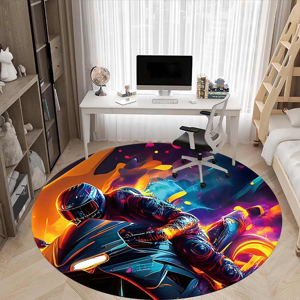 1pc Motorcycle Rider Office Round Area Rug, Indoor Mat Suitable ForOffice, Under Office Chairs Bedroom Living Room Home Decor, Room Deco T129