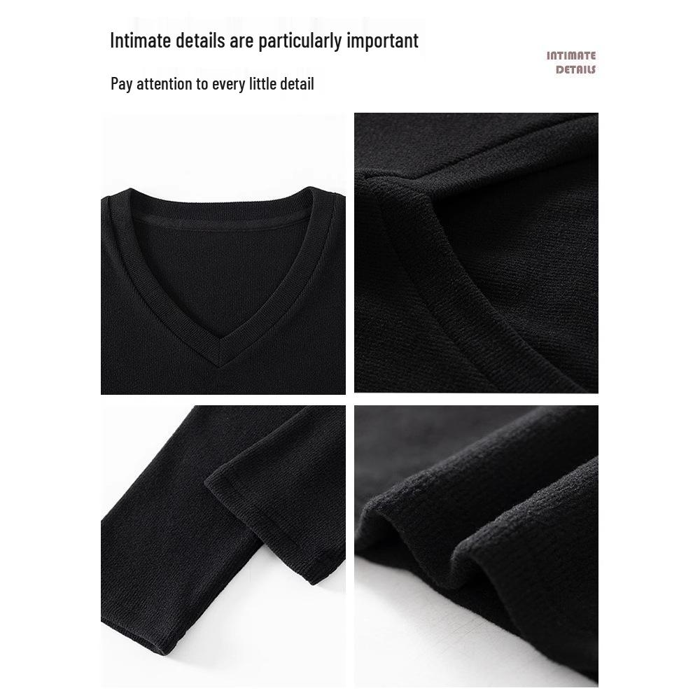 Women's Black V-neck Long-sleeve Slim-fit Thermal T-shirt with Velvet for Autumn/Winter