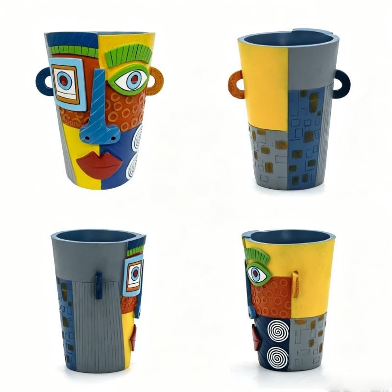 Resin Flower Pot with Abstract Face Profile, Wide Vessel Opening, and Colorful Pattern for Indoor Plant Display On Tables and Shelves