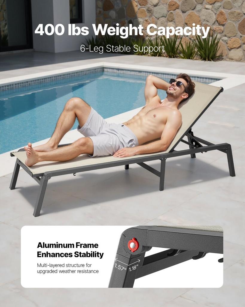 Outdoor Chaise Lounge Chair Set of 2, 181 kg Weight Capacity, Foldable Sun Tanning Chair, 5 Adjustable Positions, Easy Assembly, Aluminum Pool
