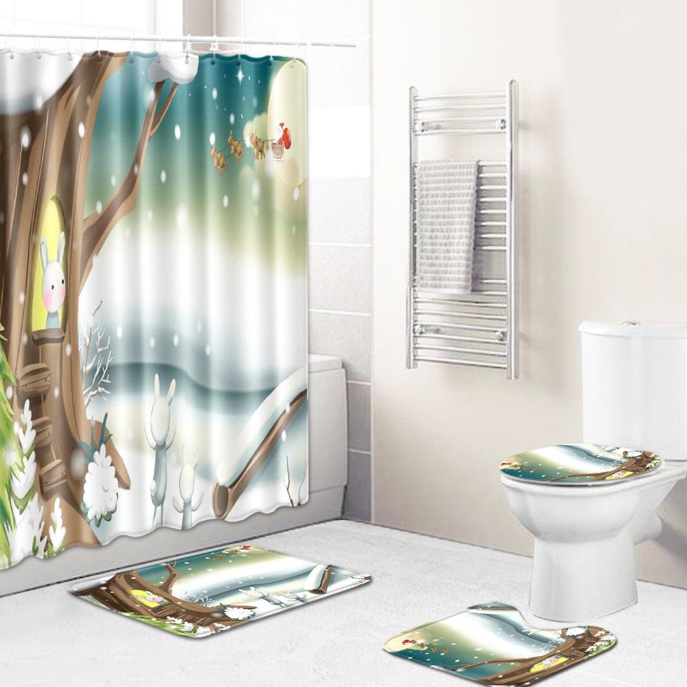 Healing Tree Hole Bathroom Shower Curtain Floor Mat Toilet Cover Foot Mat Four-Piece Pattern Size