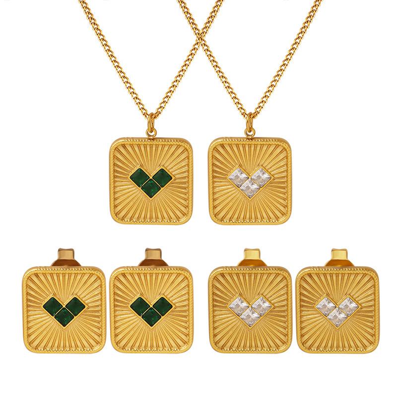 Korean Women'S Niche Design Titanium Steel Square Brand Heart Pendant Necklace Personalized Fashion Earrings Gold-Plated Jewelry Set