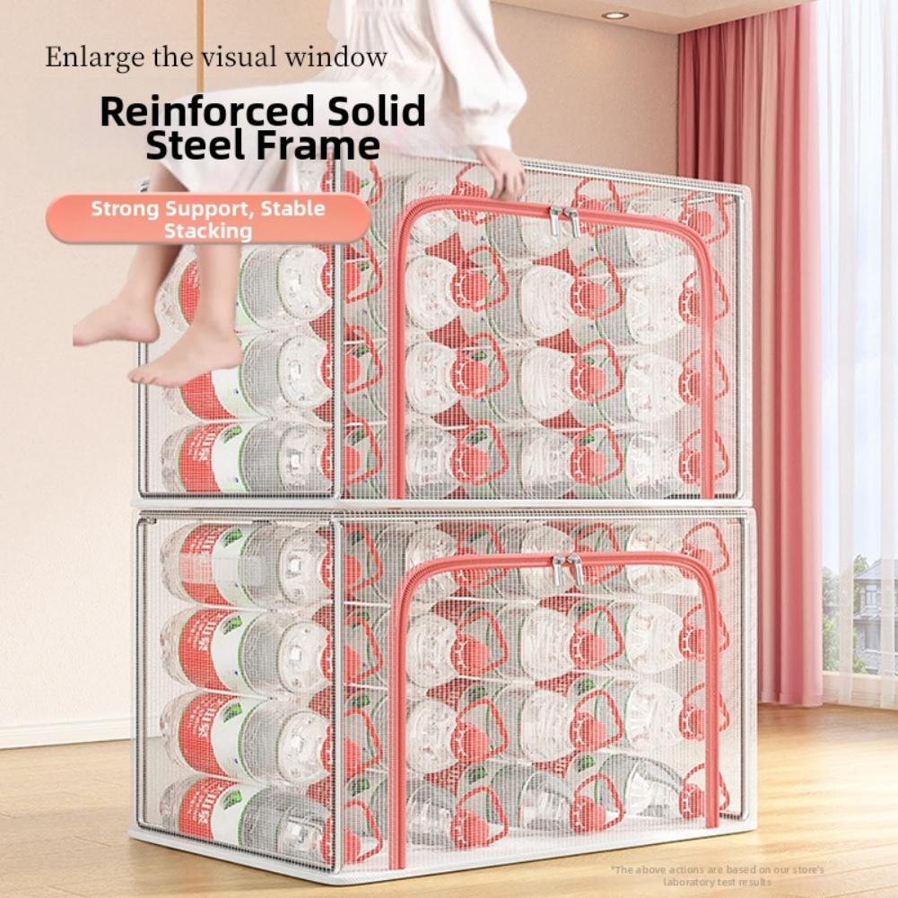 Large Capacity Clothes Storage Bin With Metal Frame Transparent Lid Foldable PVC Organizer For Bedroom Closet Laundry