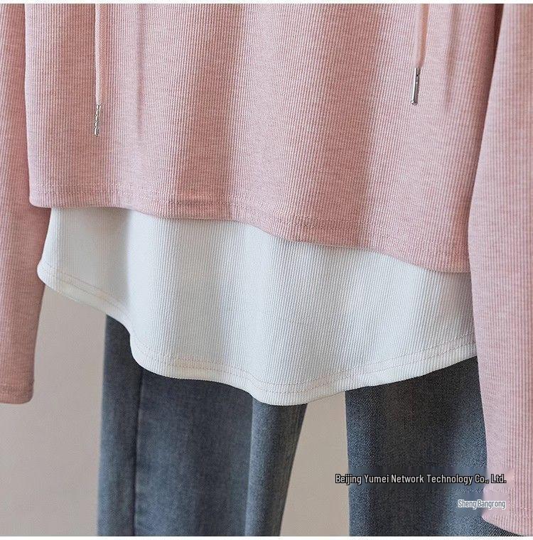 Plus Size Women's Autumn Hooded Sweatshirt, 2025 New Style, Slimming Irregular Two-Piece Design.