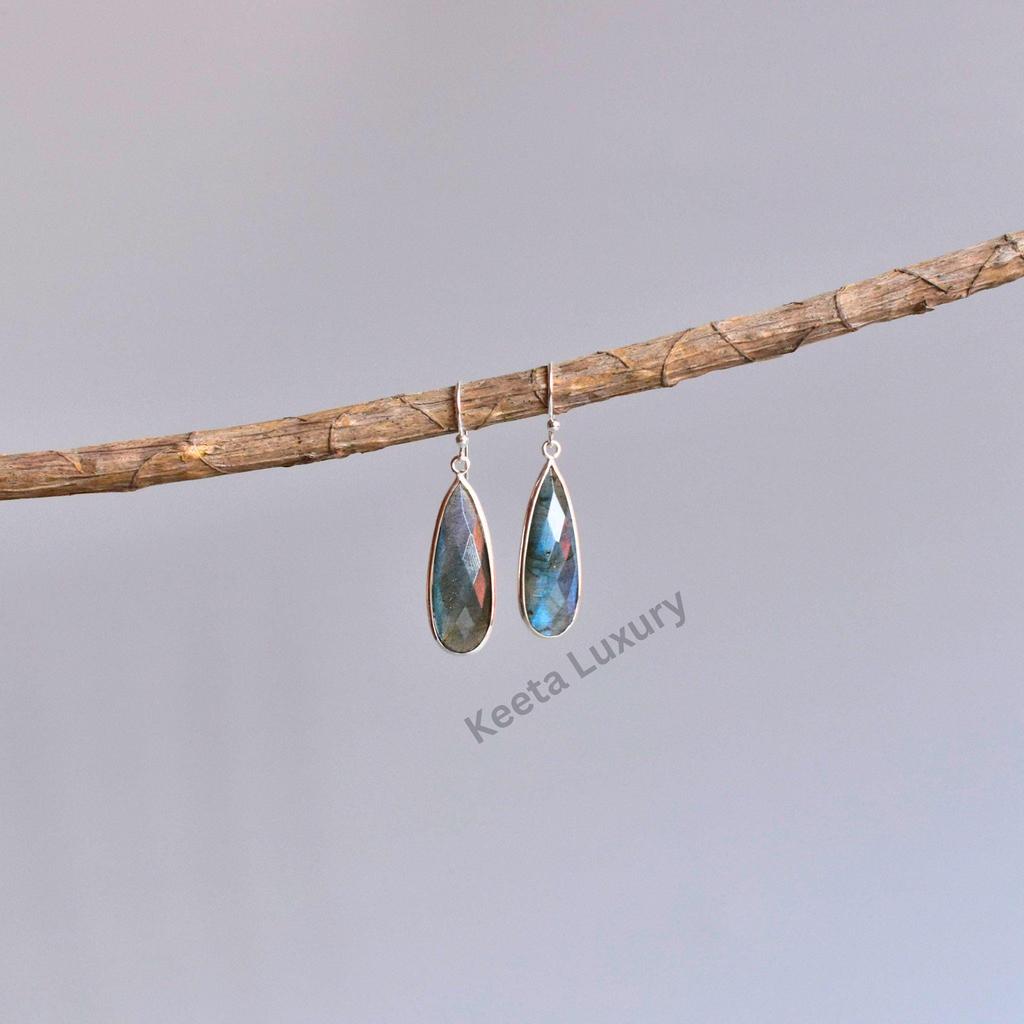Natural Labradorite Teardrop Dangle, Sterling Silver Long Earrings, Crystals Bohemian Simple Jewelry for Women, Unique Cute Gift Ideas