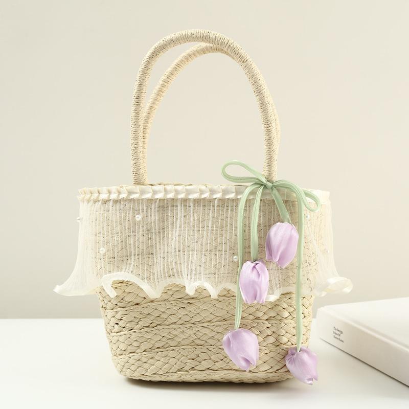 Big Brim Sun Hat Seaside Beach Idyllic Forest Bow Streamer Straw Hat Female Summer Flower Tulip
