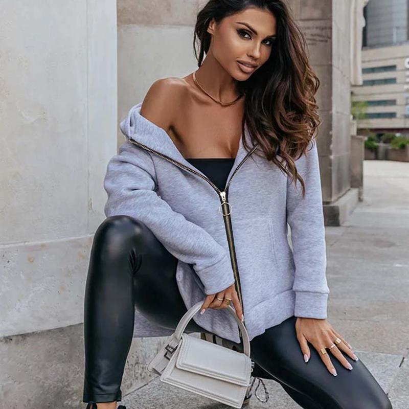 Ladies Spring Autumn Casual Long Sleeve Hooded Zipper Solid Color Cardigan Hoodies Sweatshirt Top